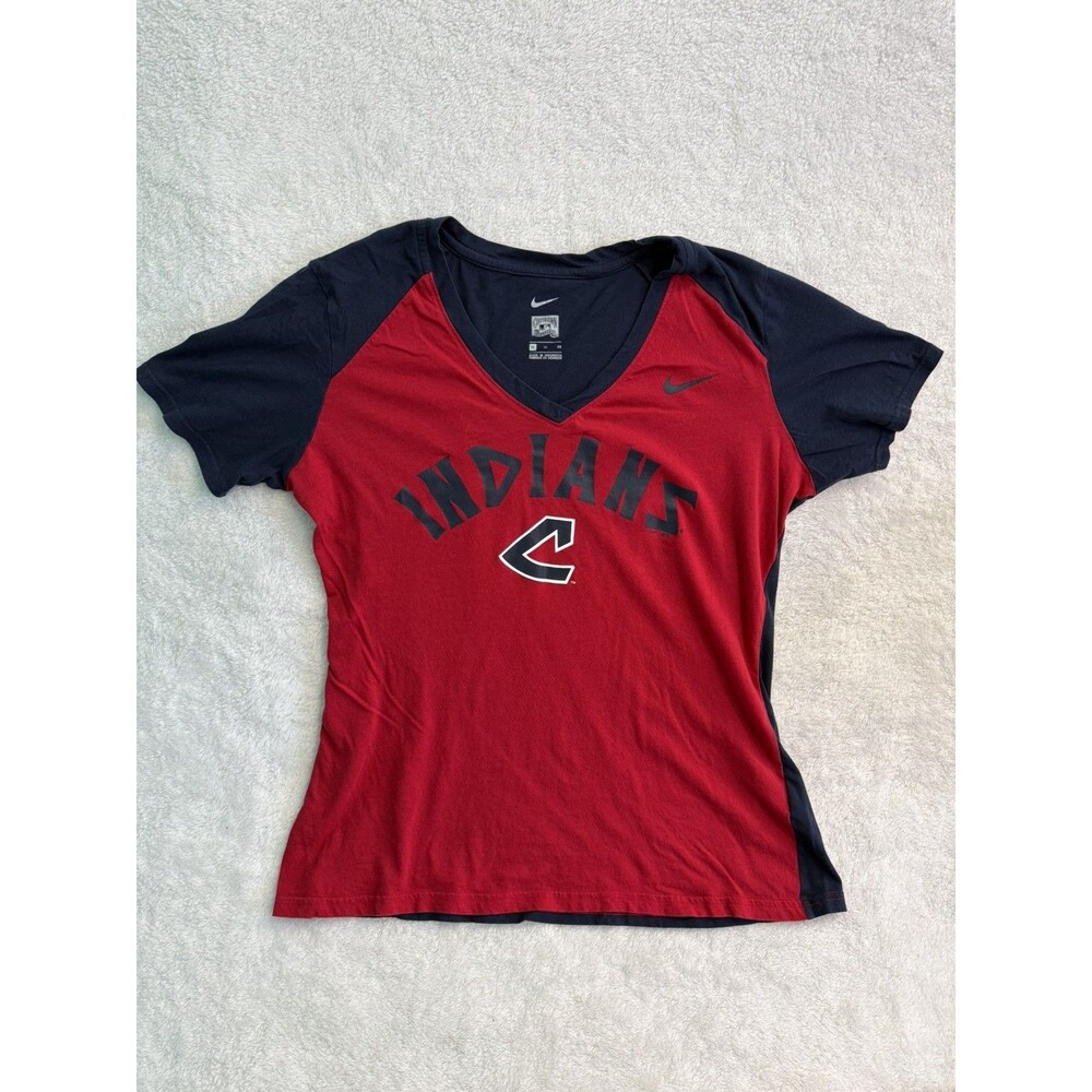 Nike Indians Baseball Cooperstown Collection Shirt Womens XL Blue Red MLB V-Neck
